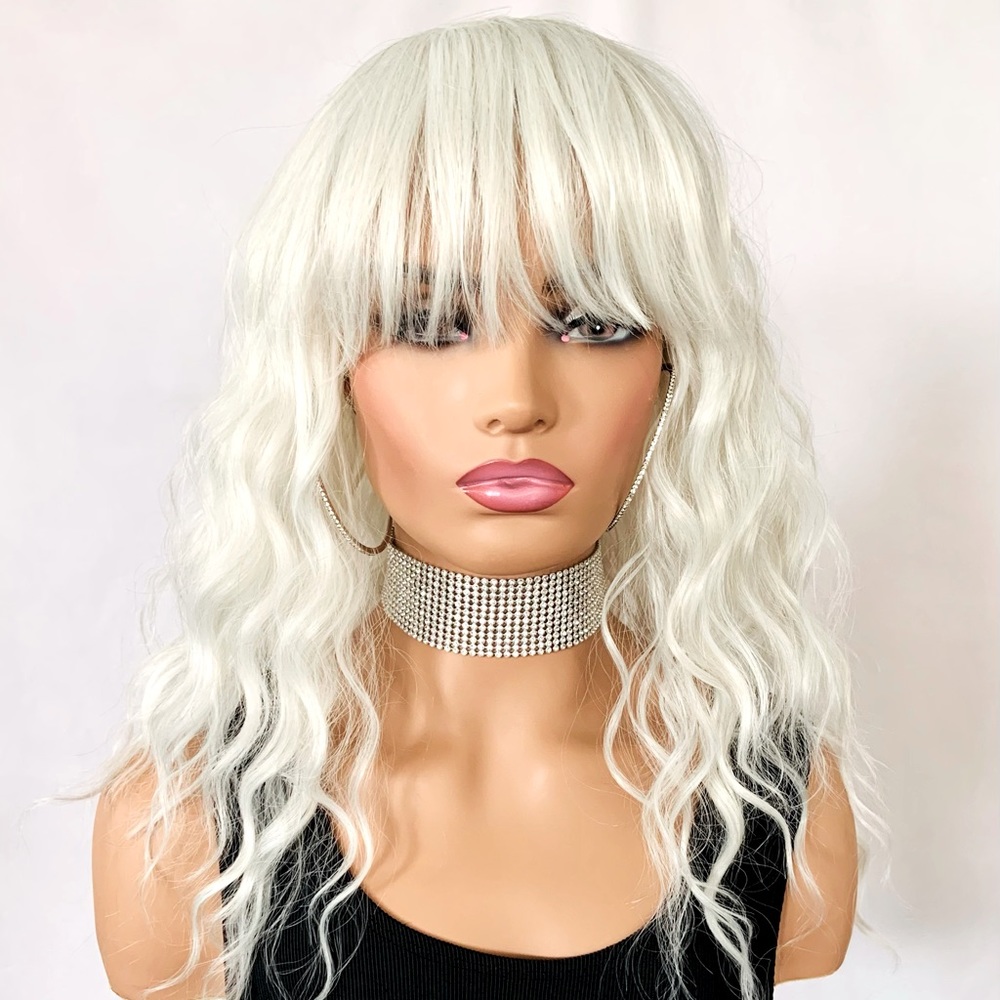 “Put On & Go” White Premium Fiber Wig with Bangs for Daily Wear or Events 🤍